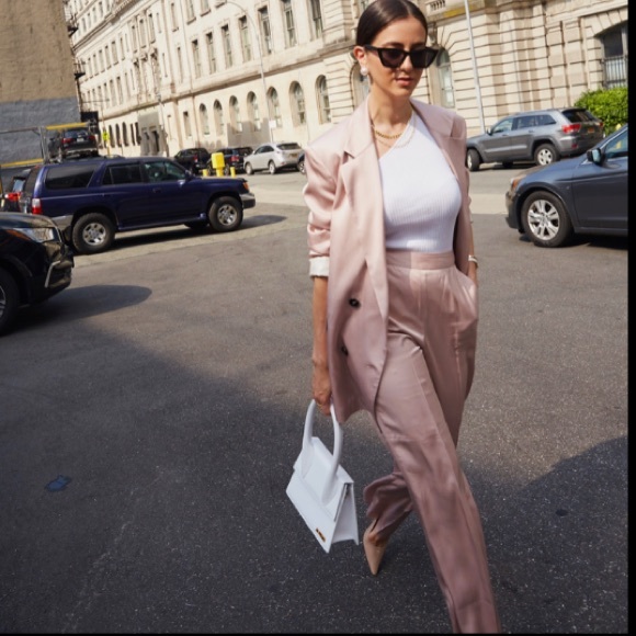 Meshki Pants - MESHKI ROSE PINK GOLD SATIN SATEEN WIDE LEG PANTS TROUSERS CHAMPAGNE MED BARBIE